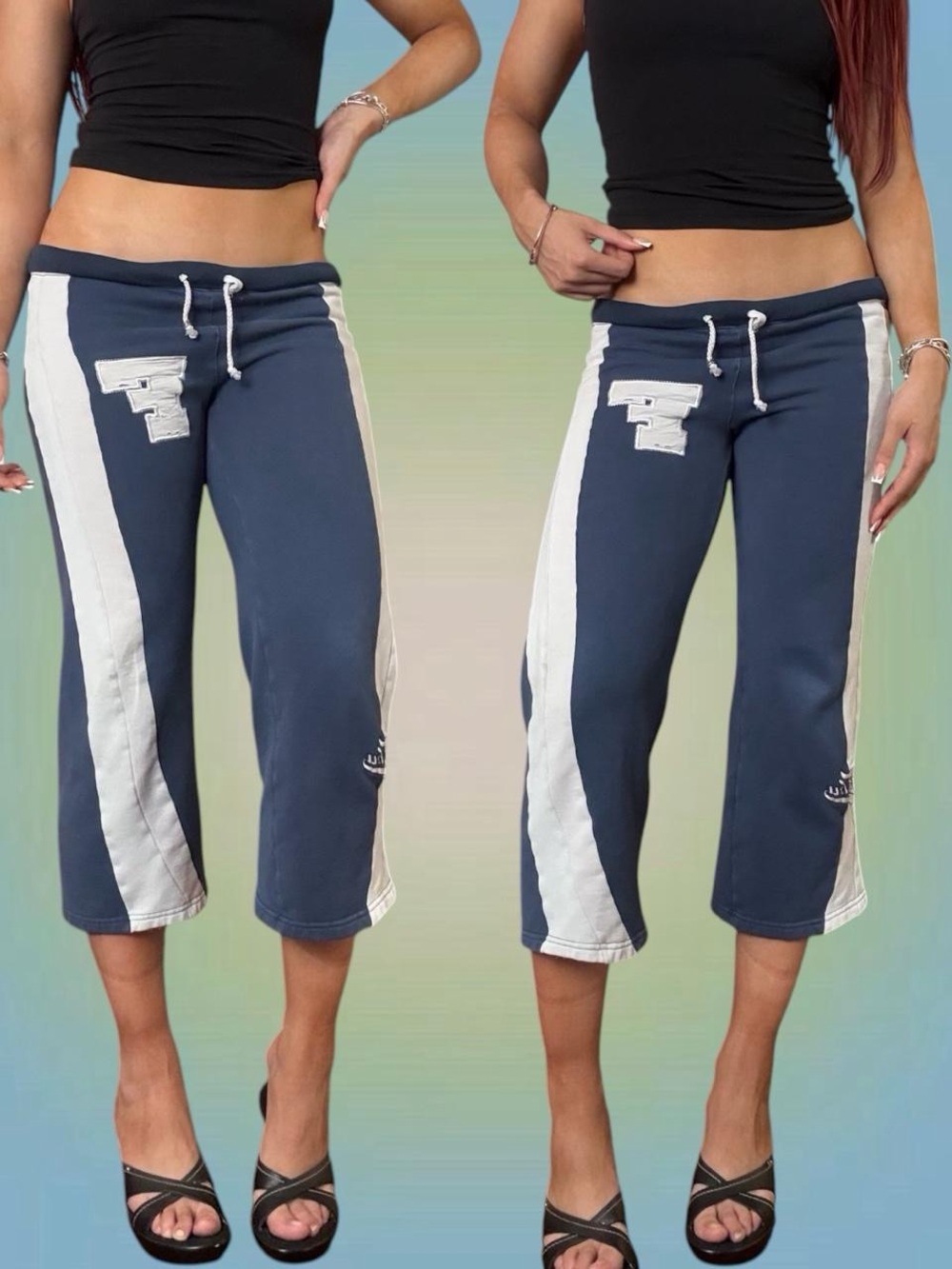 FUBU Navy Blue and White Drawstring Varsity Capri Sweatpants